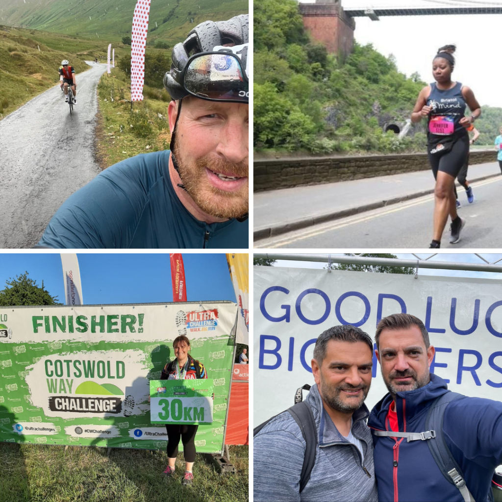 Collage of the Ultimate Finance team taking part in charity challenges such as cycling and running